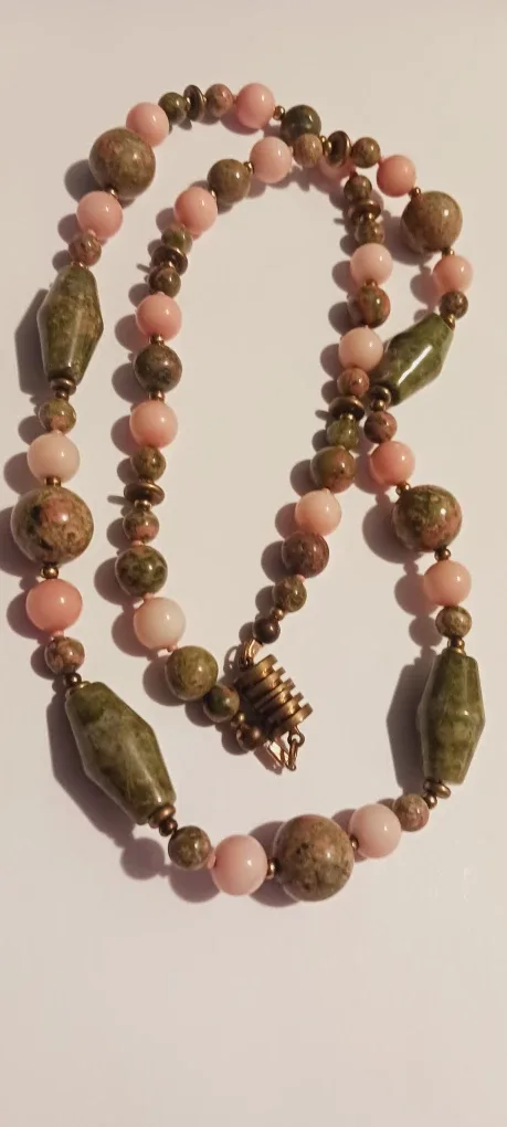 Genuine Unakite Stone & Angel Skin Coral Beaded Necklace
