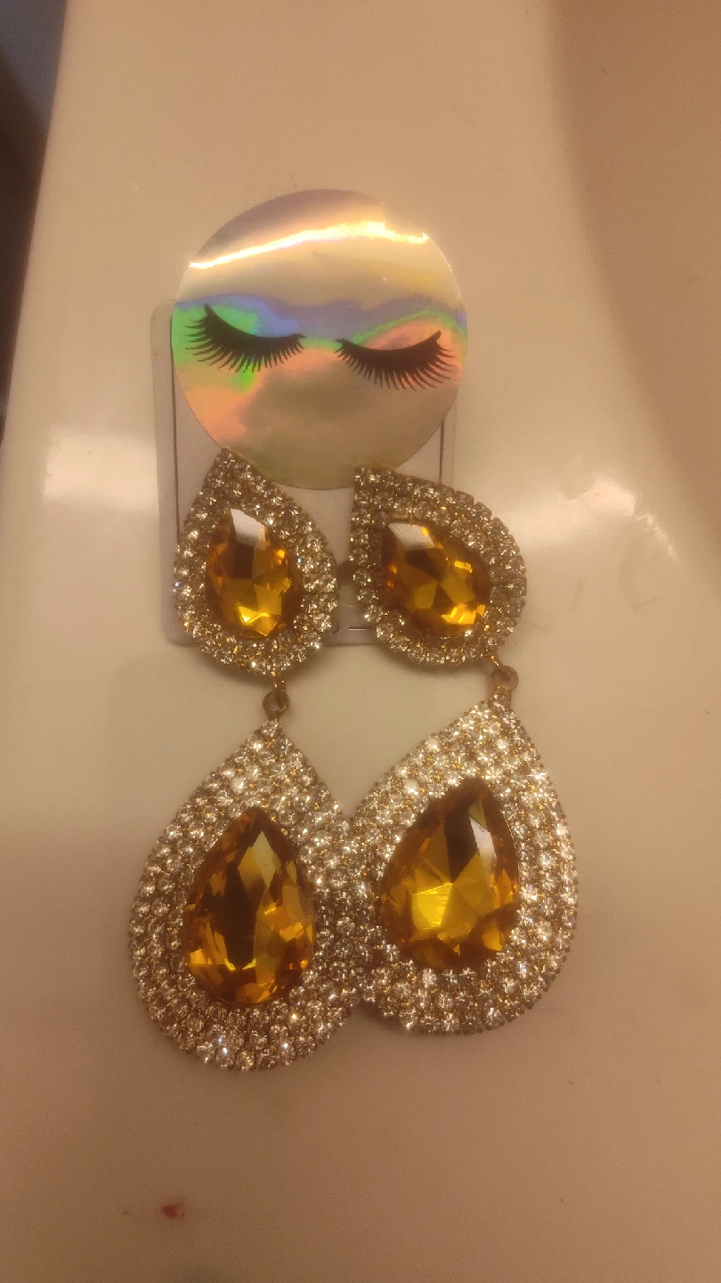 Gold Rhinestone Teardrop Dangle Earrings