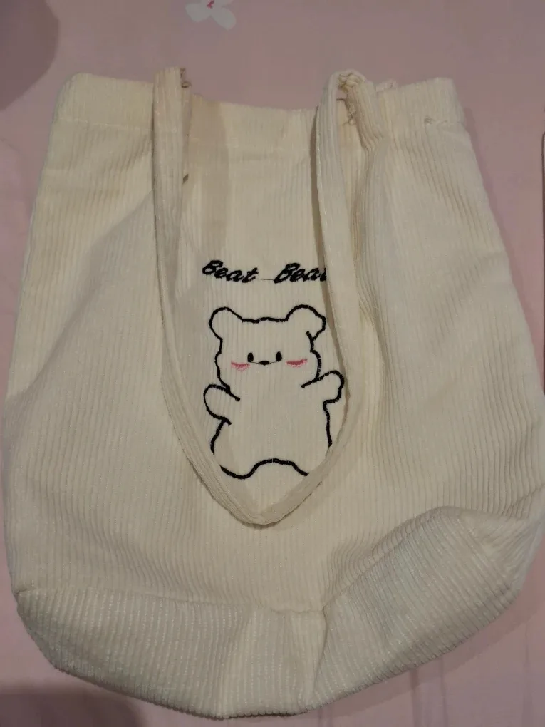 Beat Bear Cream Corduroy Tote Bag