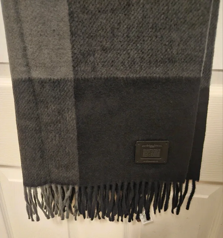 NEW Men Coach Black and Grey Plaid Scarf with Fringe
