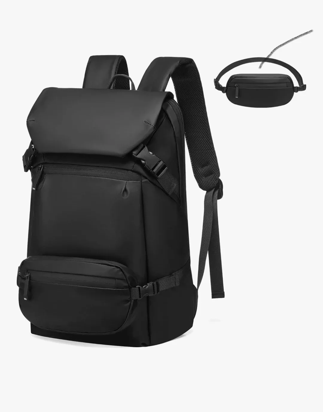 2-in-1 Black Laptop Backpack with Removable Belt Bag