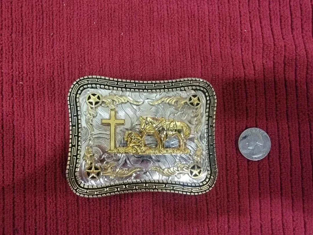 Vintage Belt Buckle with Cross and Horse