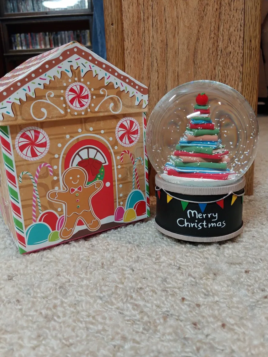 Christmas Books Snow Globe with Gingerbread House Storage Box