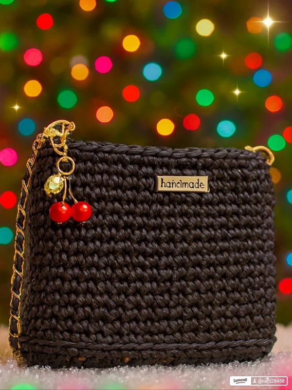 Handmade dark brown Crocheted Bag w/ Gold Chain - photo 2
