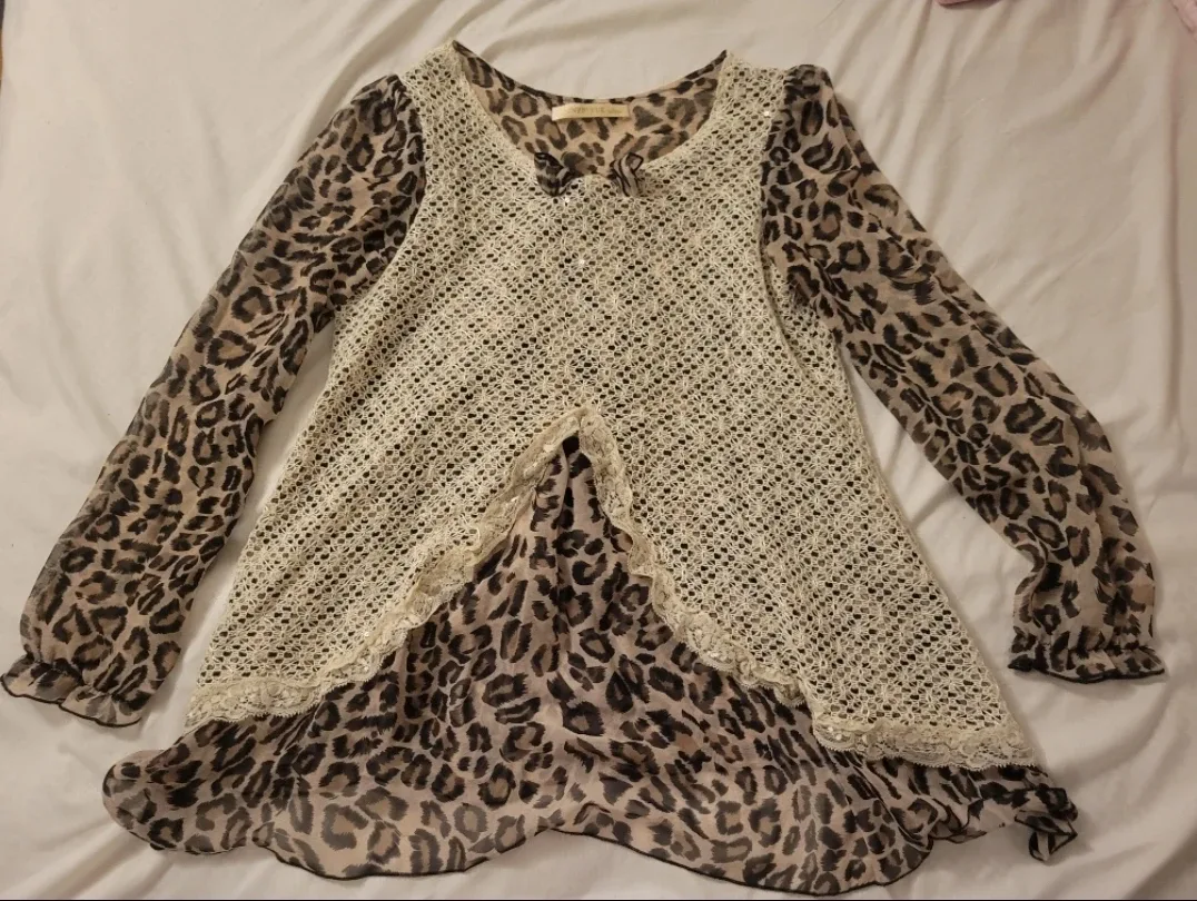 Leopard Print Crochet Tunic Top thumbnail