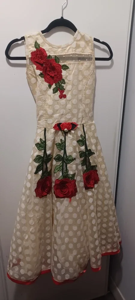 Girls' Dress - Cream with Polka Dots & Rose Appliqués