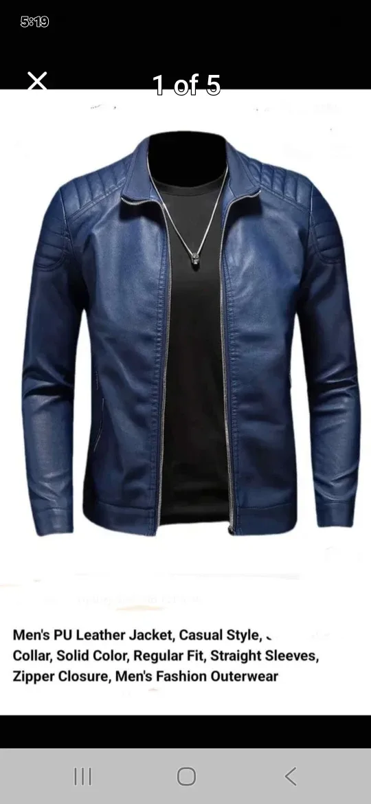 Men's Blue PU Leather Jacket, Casual Style image indicator(5)