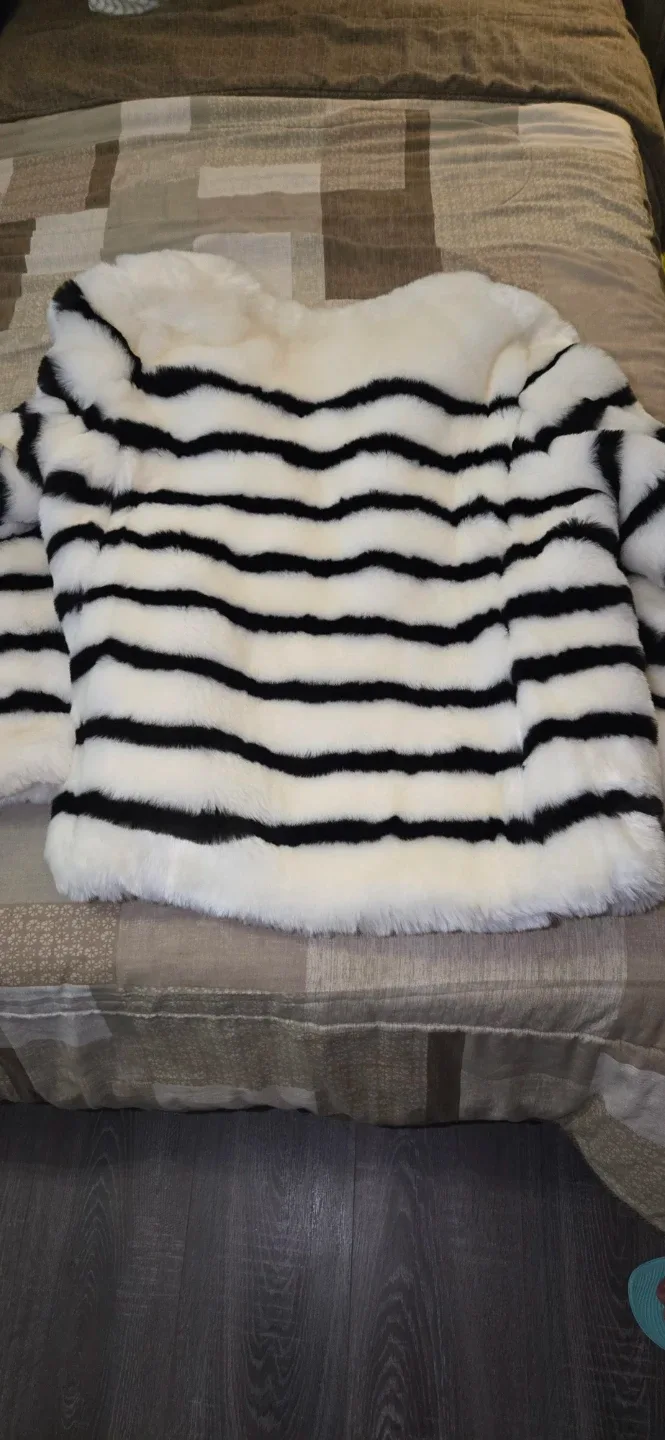 GAP Black & White Striped Faux Fur Jacket
