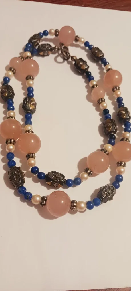Genuine Gemstones Rose Quartz,  Lapis Lazuli & Pearl Necklace