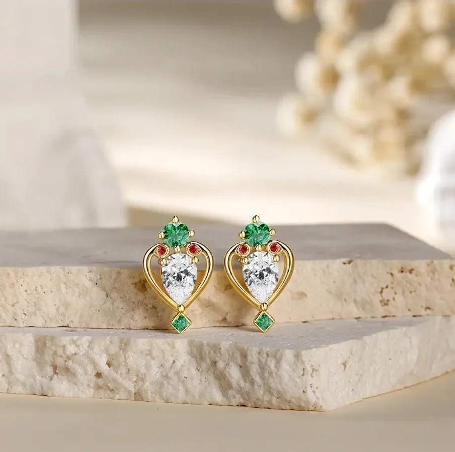 Gold Heart Earrings with Zircon & Corundum image indicator(4)