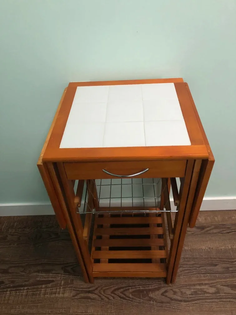 Wood Kitchen Island Cart with Tile Top & Wheels