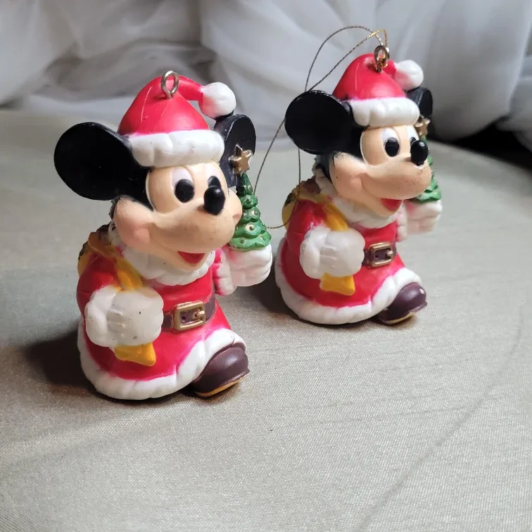 Pair of Vintage Mickey Mouse Santa Holiday Christmas Ornaments image indicator(2)