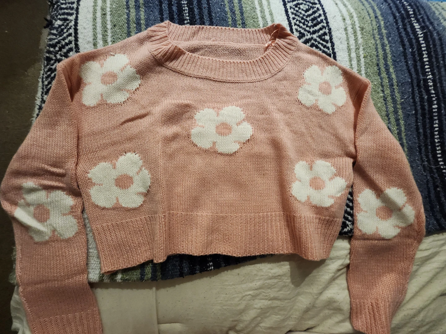 Pink Floral Knit Cropped Sweater