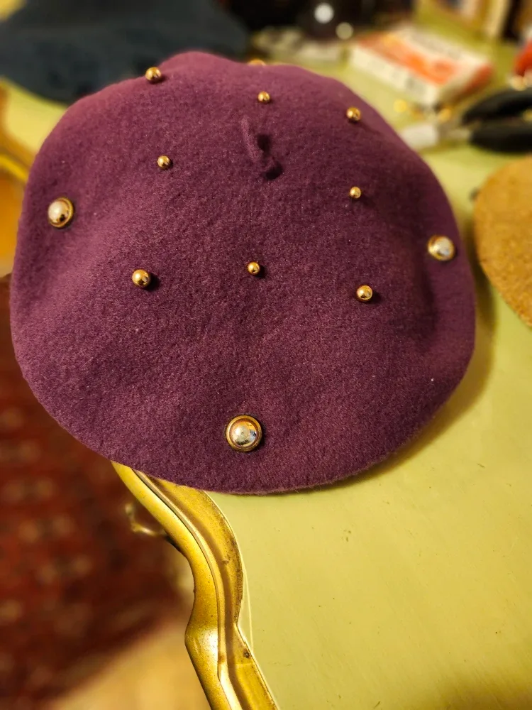 Purple Beret Hat with Pearl Details
