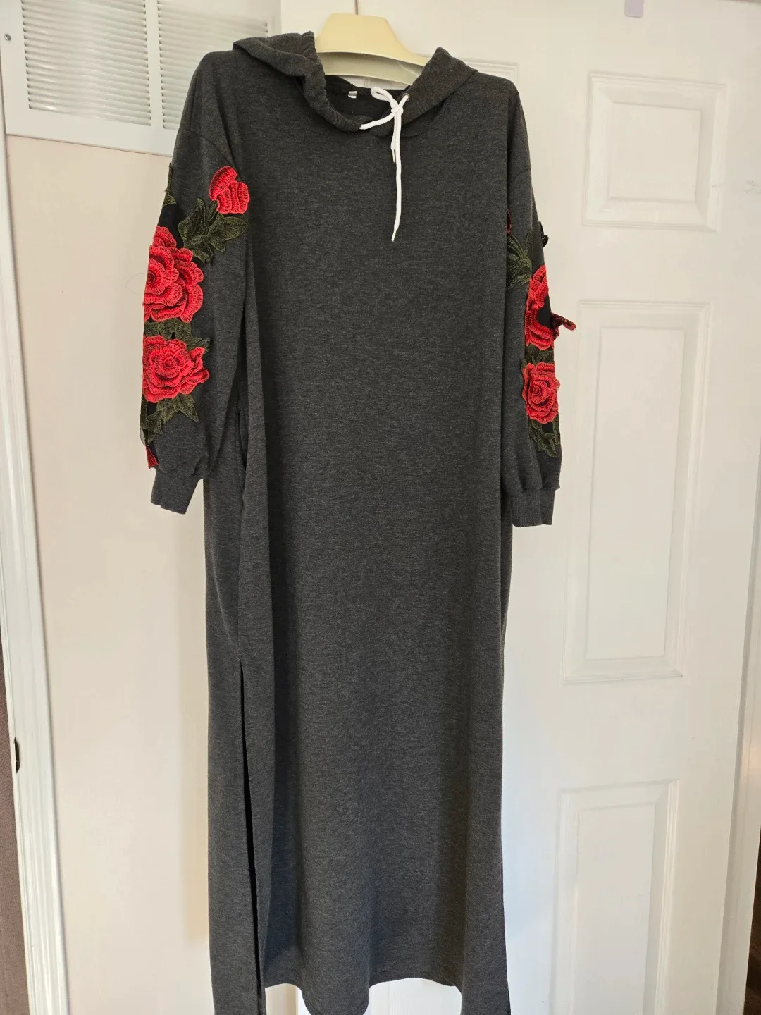Grey Hoodie Dress with Rose Embroidery