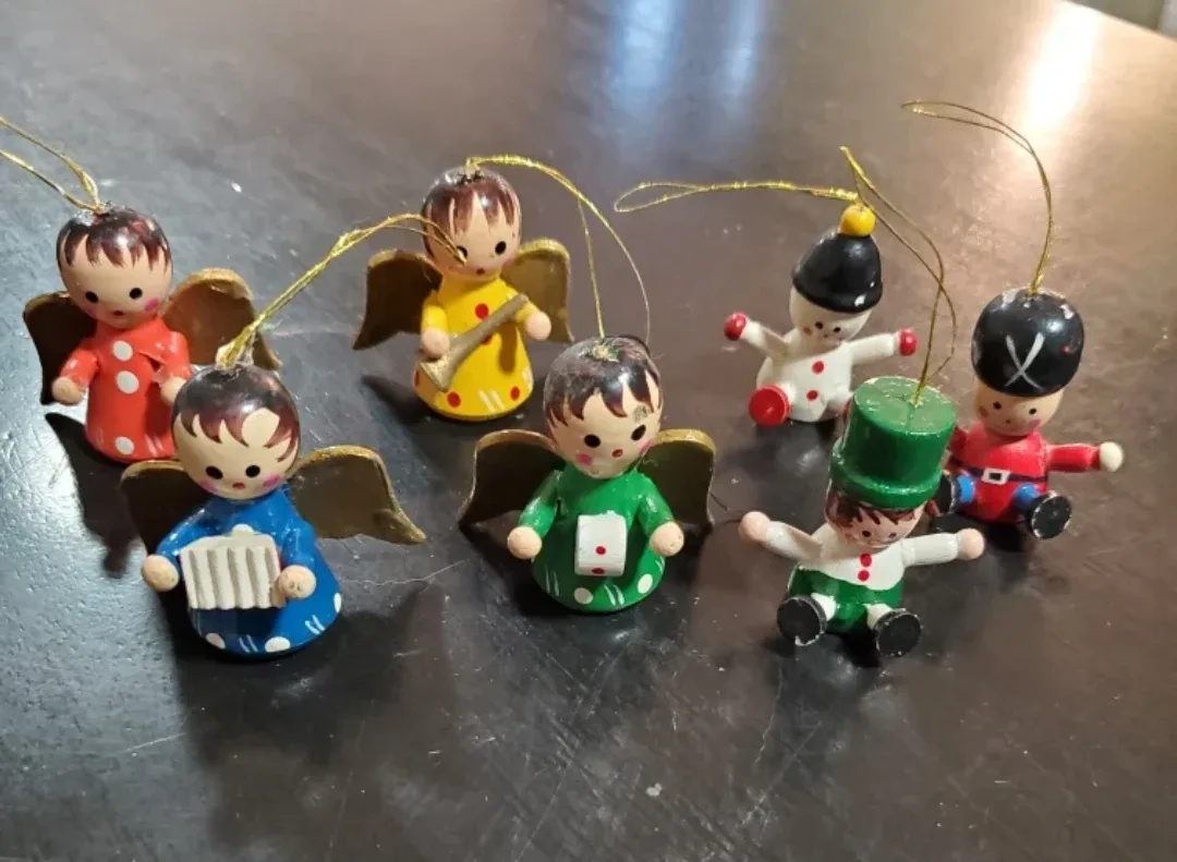 7 Vintage wooden Angel Christmas Ornaments