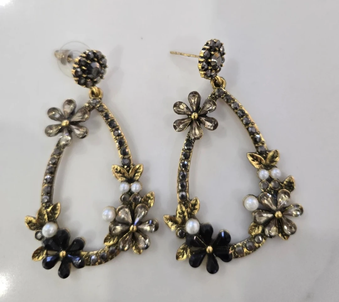 Floral Dangle Earrings - Black & Gold Tone - photo 2
