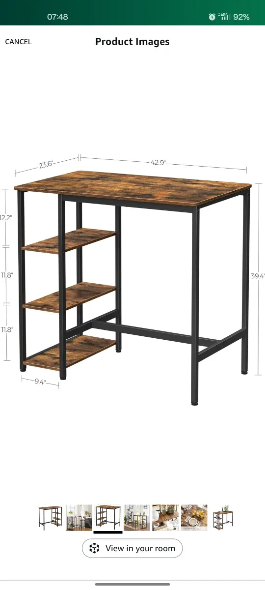Bar Table with 3 Storage Shelves - Rustic Brown