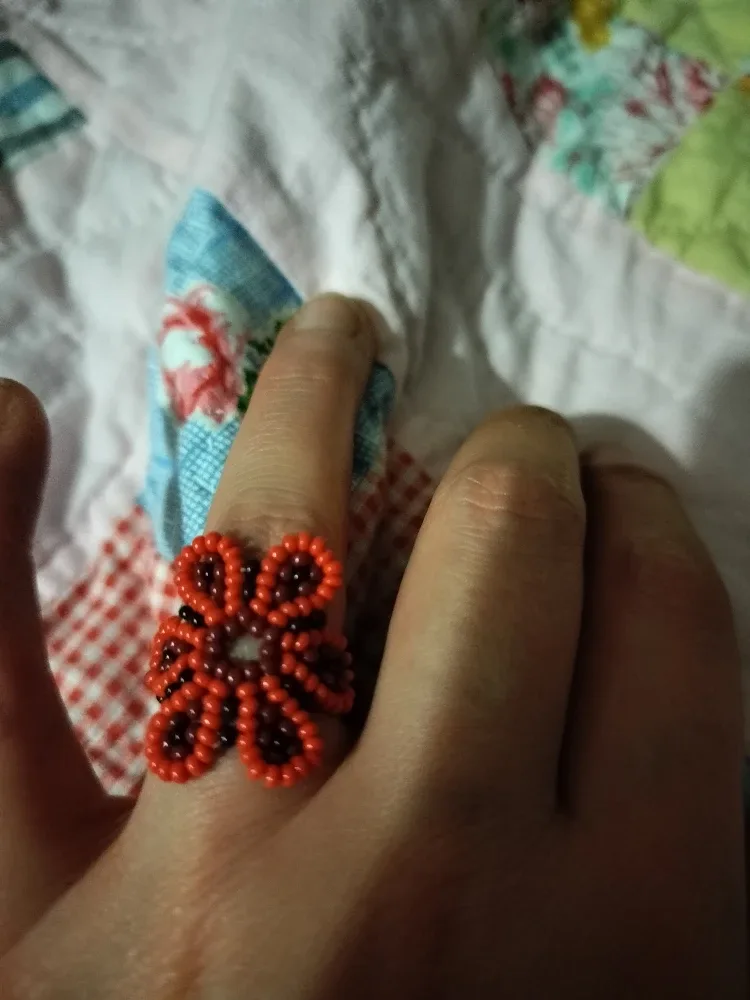 Handmade Beaded Ring - Red & Black