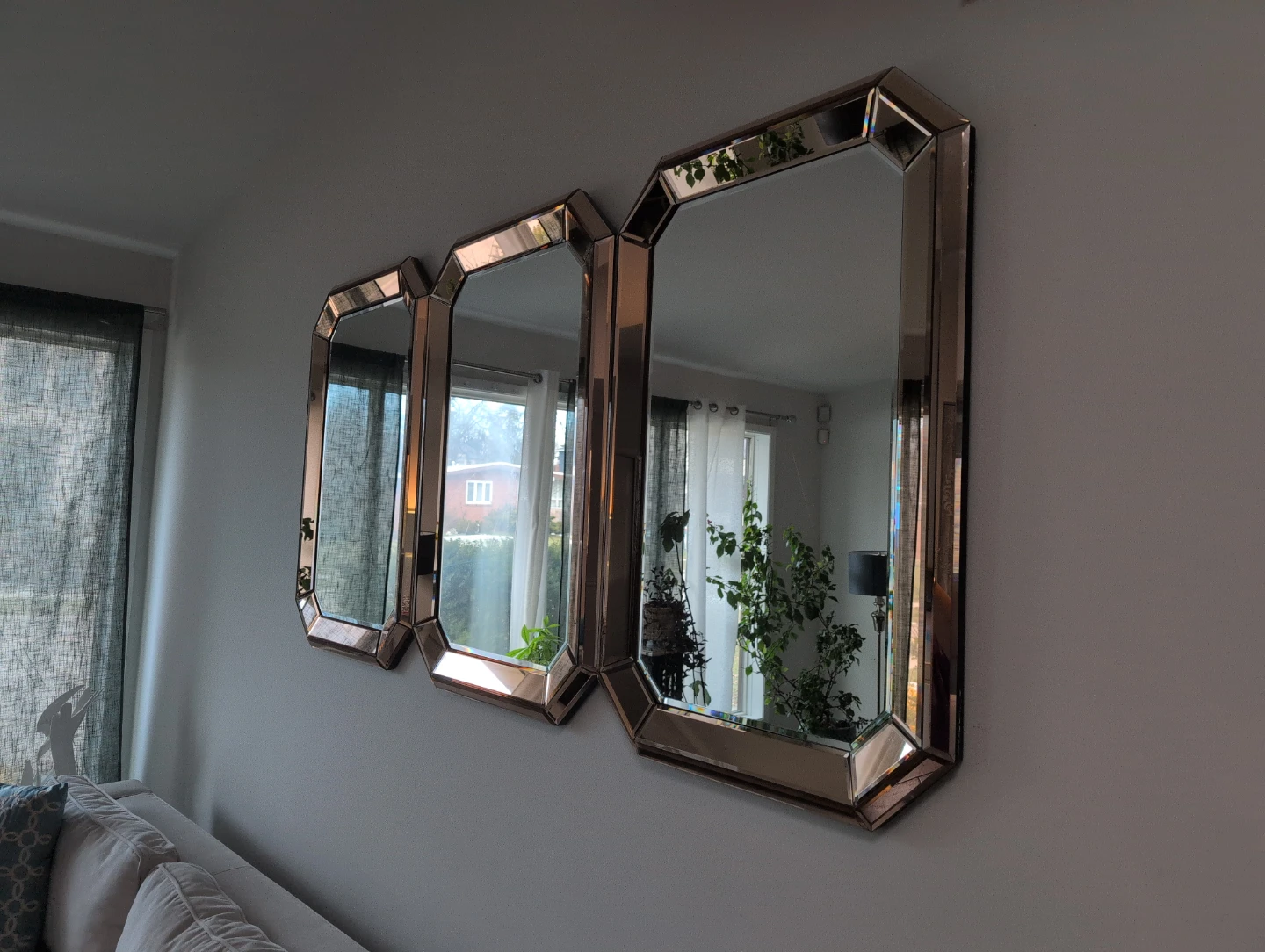 3 Framed Octagon Beveled Rose Gold Wall Mirror Set