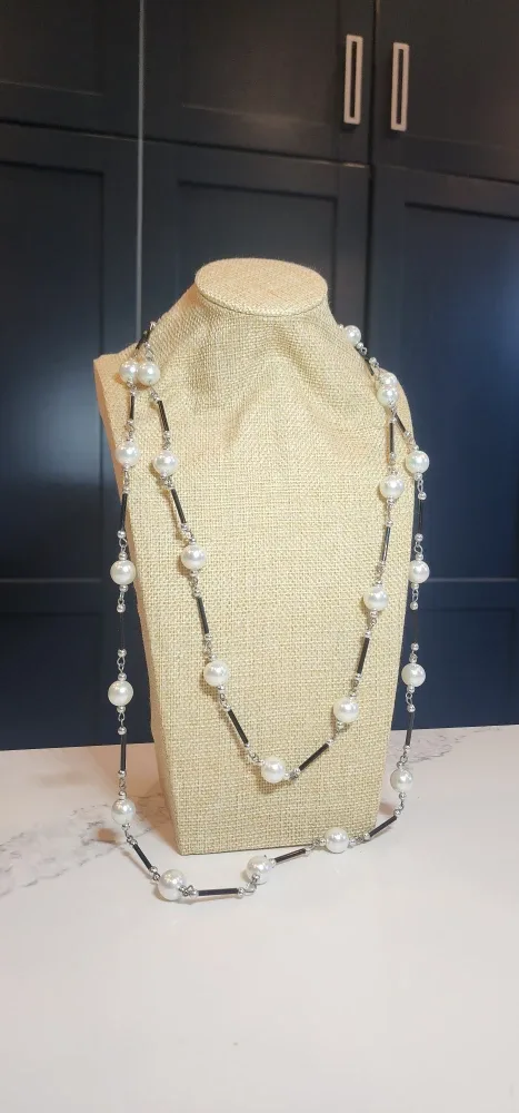 Vintage 56" Long Beaded Necklace – Pearl & Black Tube Beads
