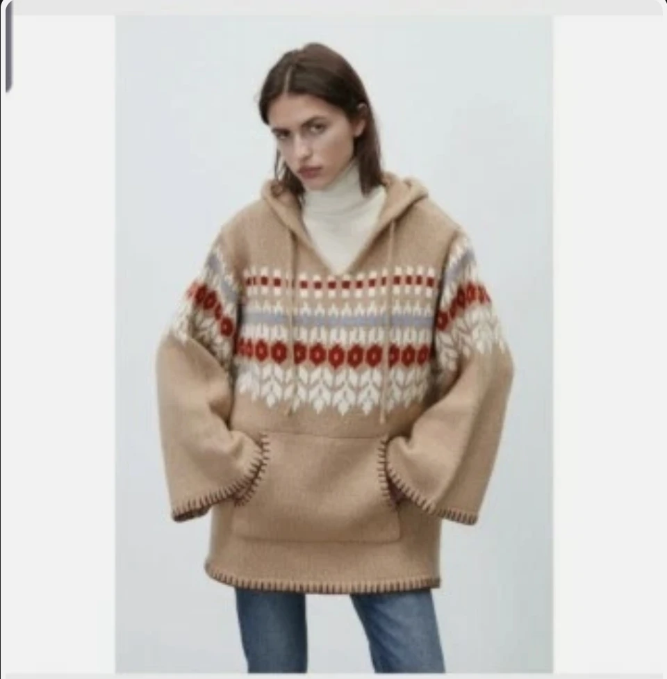 Zara Multicolored Wool Blend Jacquard Knit Poncho Size M