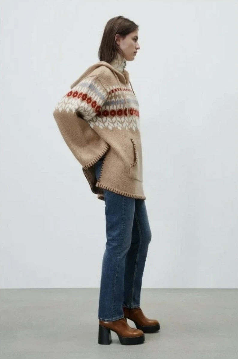 Zara Multicolored Wool Blend Jacquard Knit Poncho Size M - photo 3