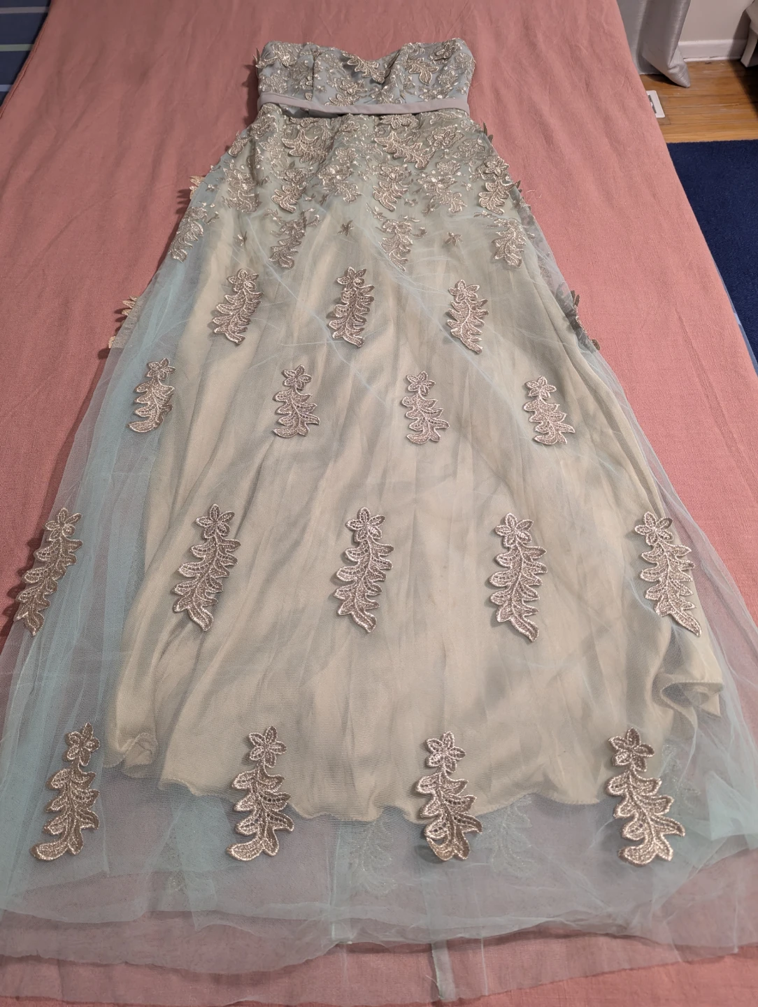 Strapless Evening Gown with Floral Appliqués