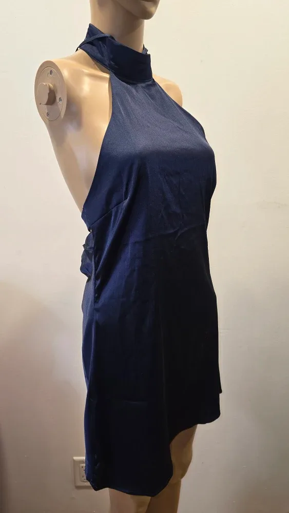 Satin Navy Blue Halter Mini Dress Small #Cleanout