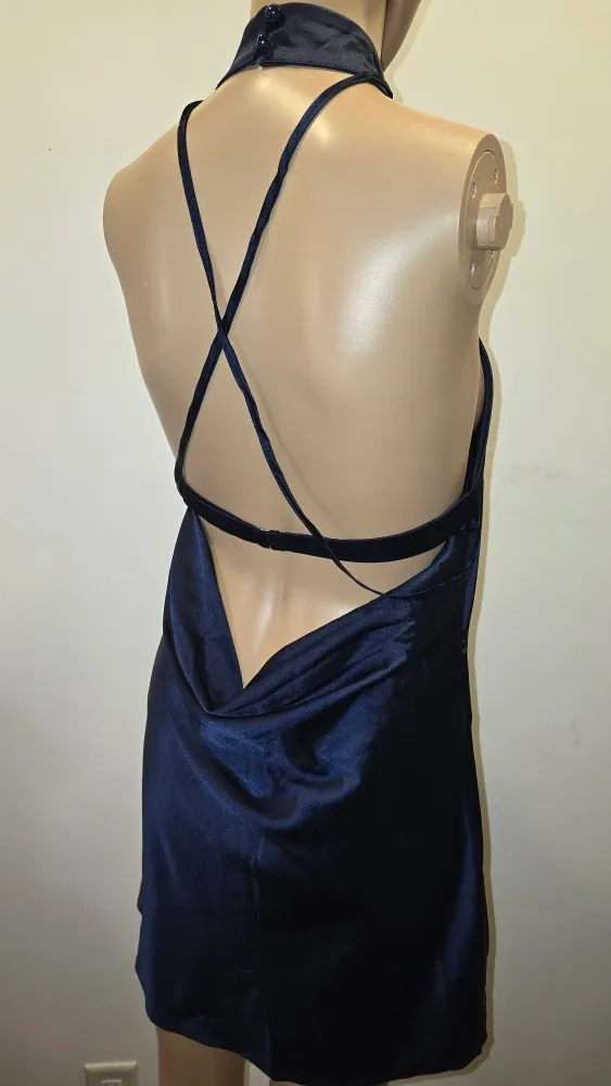 Satin Navy Blue Halter Mini Dress Small #Cleanout image indicator(2)