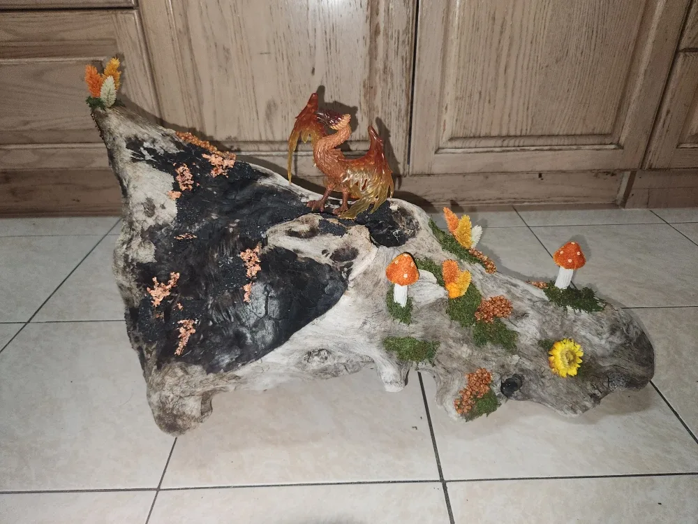 Driftwood Art with Phoenix Figurine