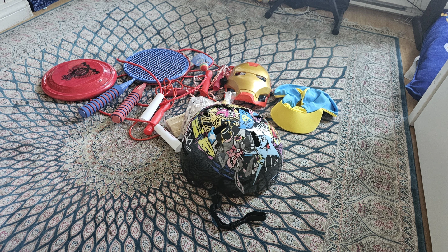 Kids Activity Lot: Frisbee, Rackets, Jump Rope, Helmets