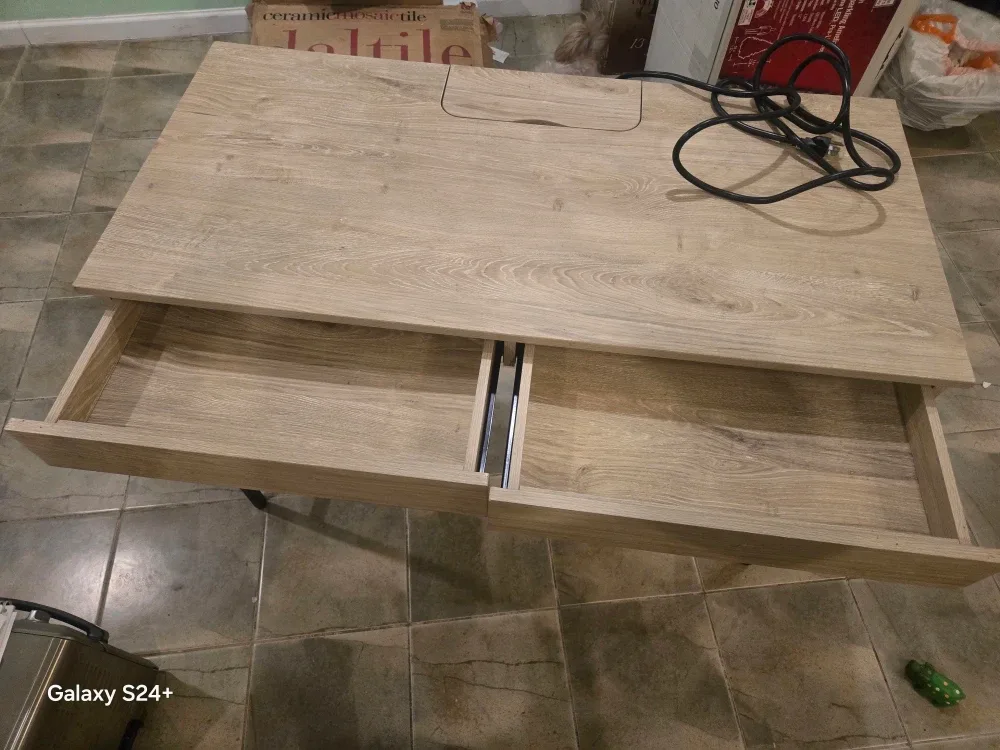 Wooden Desk with Drawers and Power Outlet