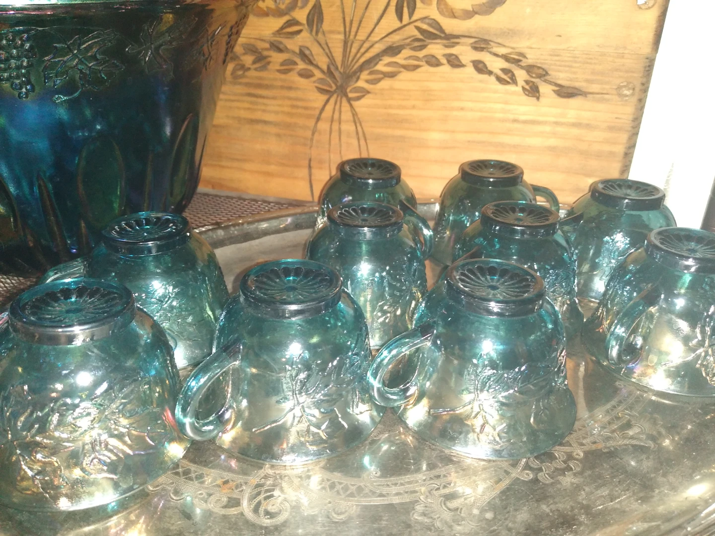 Vintage punch bowl 10 glasses and a cream and sugar with tray