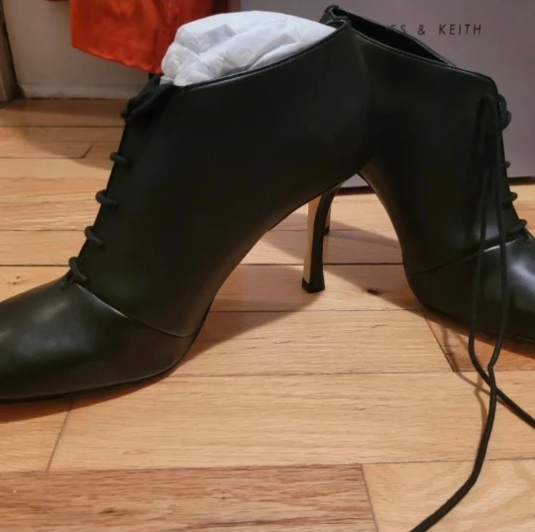 Charles & Keith Black Lace-Up Heeled Booties, Size 38 - photo 3