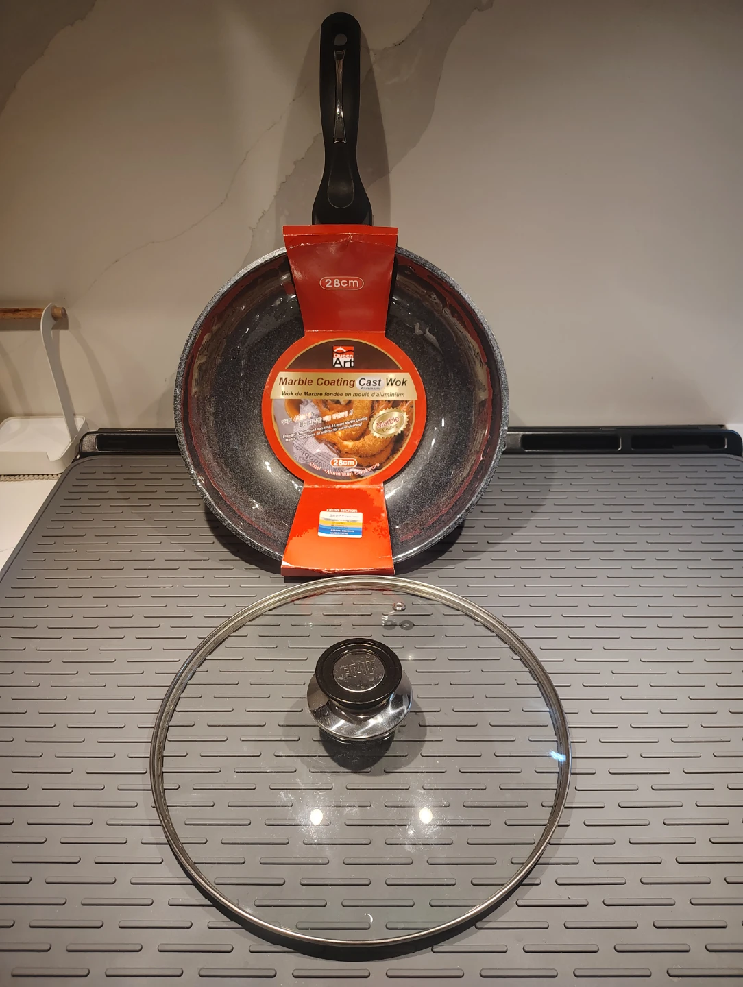 RARELY USED 28cm Marble Coating Cast Aluminum Wok w Lid Korea - photo 2