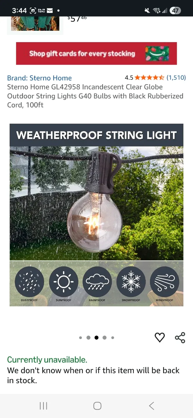 Sterno Home 100ft Outdoor String Lights - New in Box