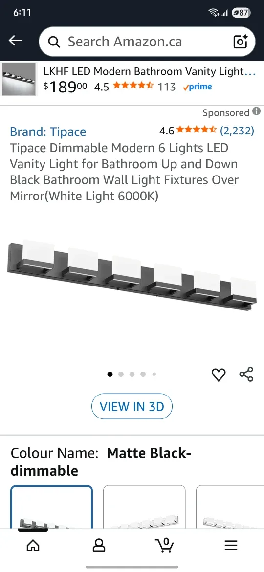 Tipace Dimmable 6 Lights LED Vanity Light - Matte Black image indicator(2)