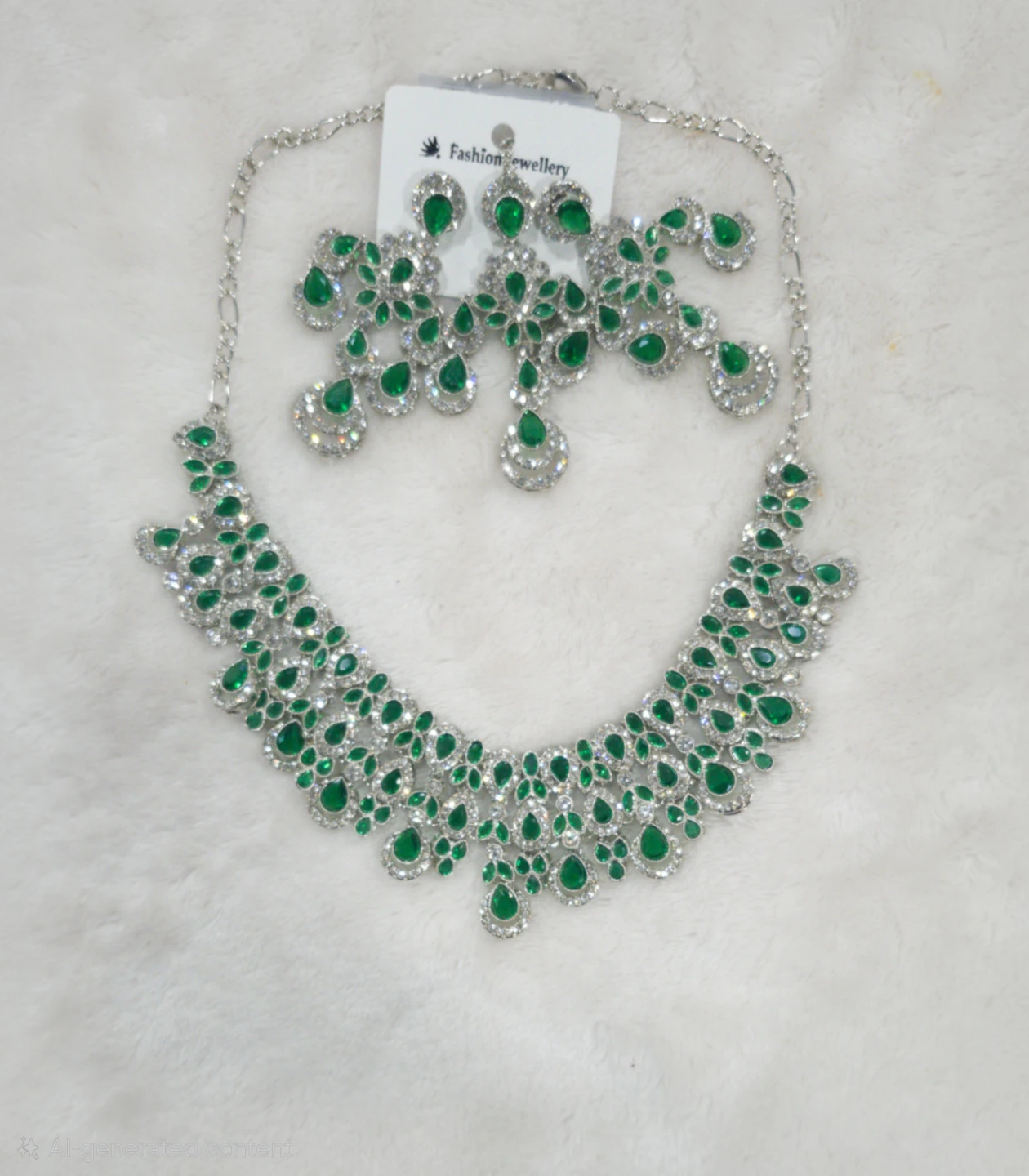 Emerald Green Cluster Bridal Necklace, Earrings & Tikka Set - photo 3