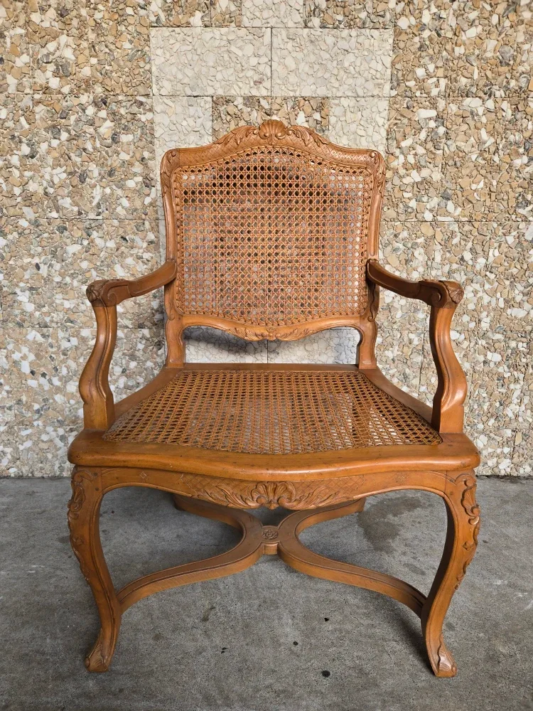 Antique Cane Rattan Accent Arm Chair With Walnut Frame