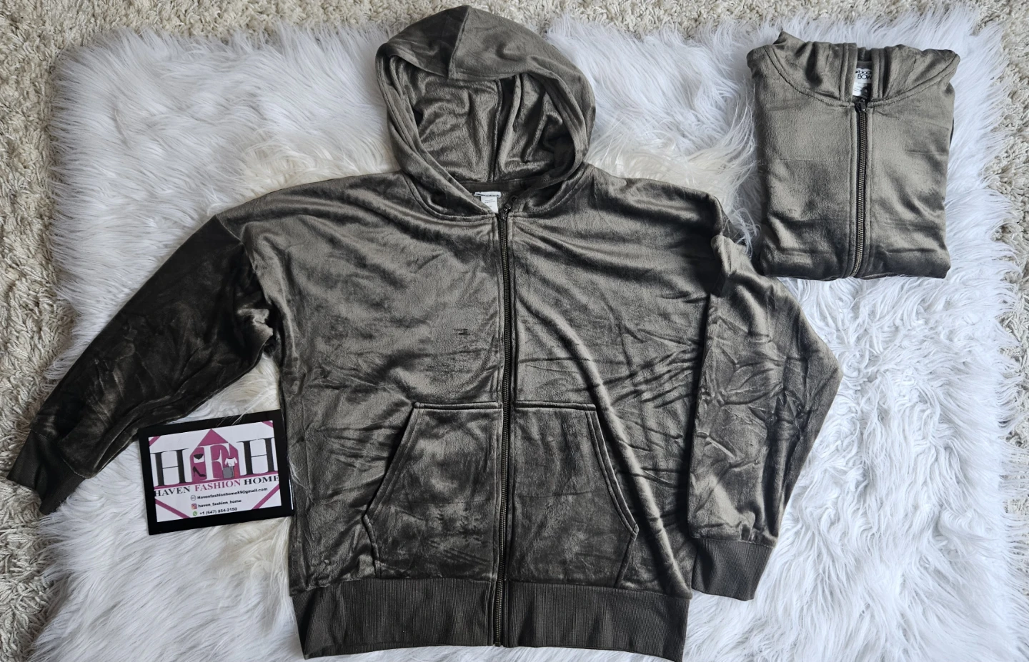 Velour Zip-Up Hoodie - Olive Green