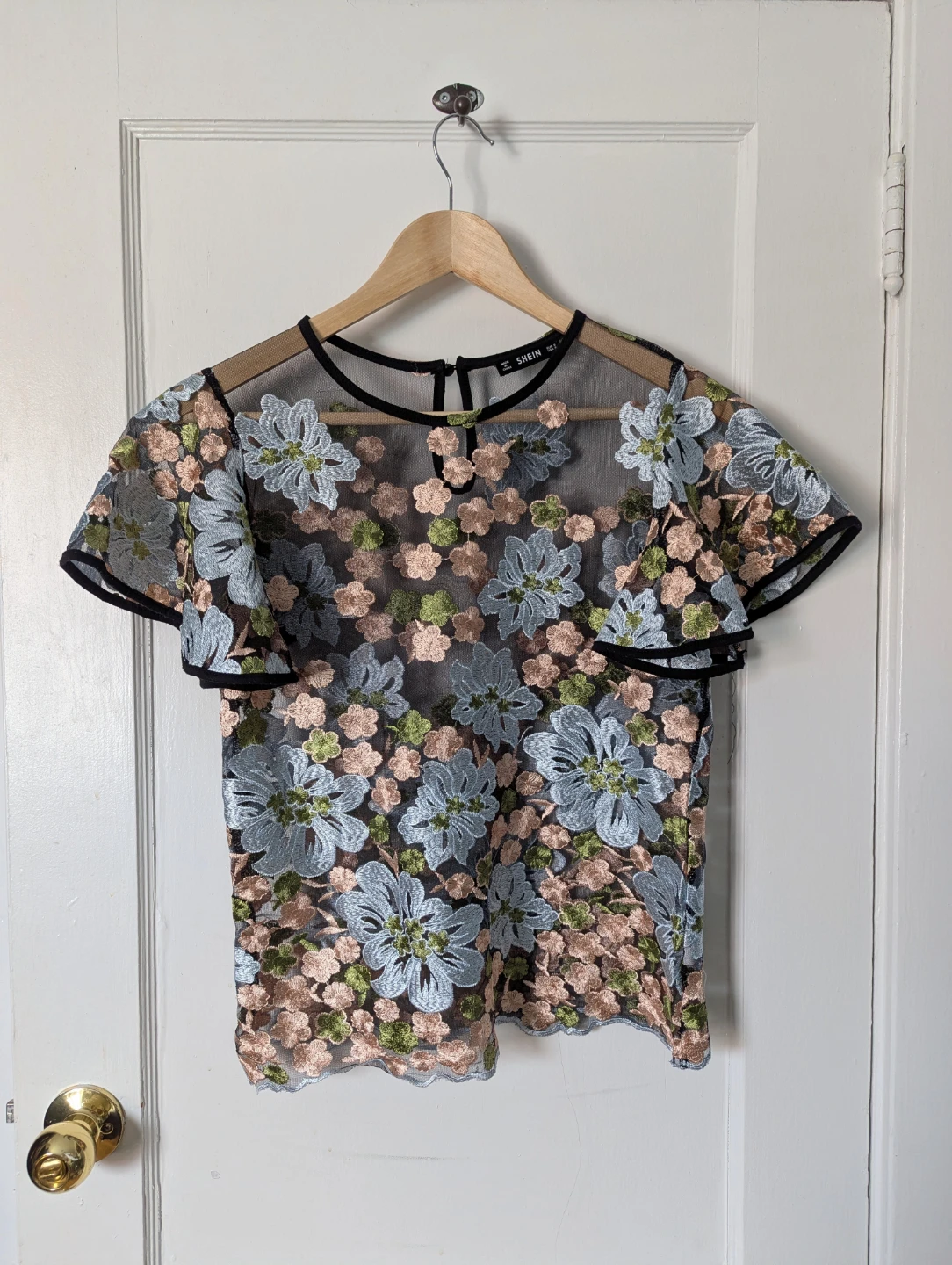 Shein Floral Embroidered Mesh Top