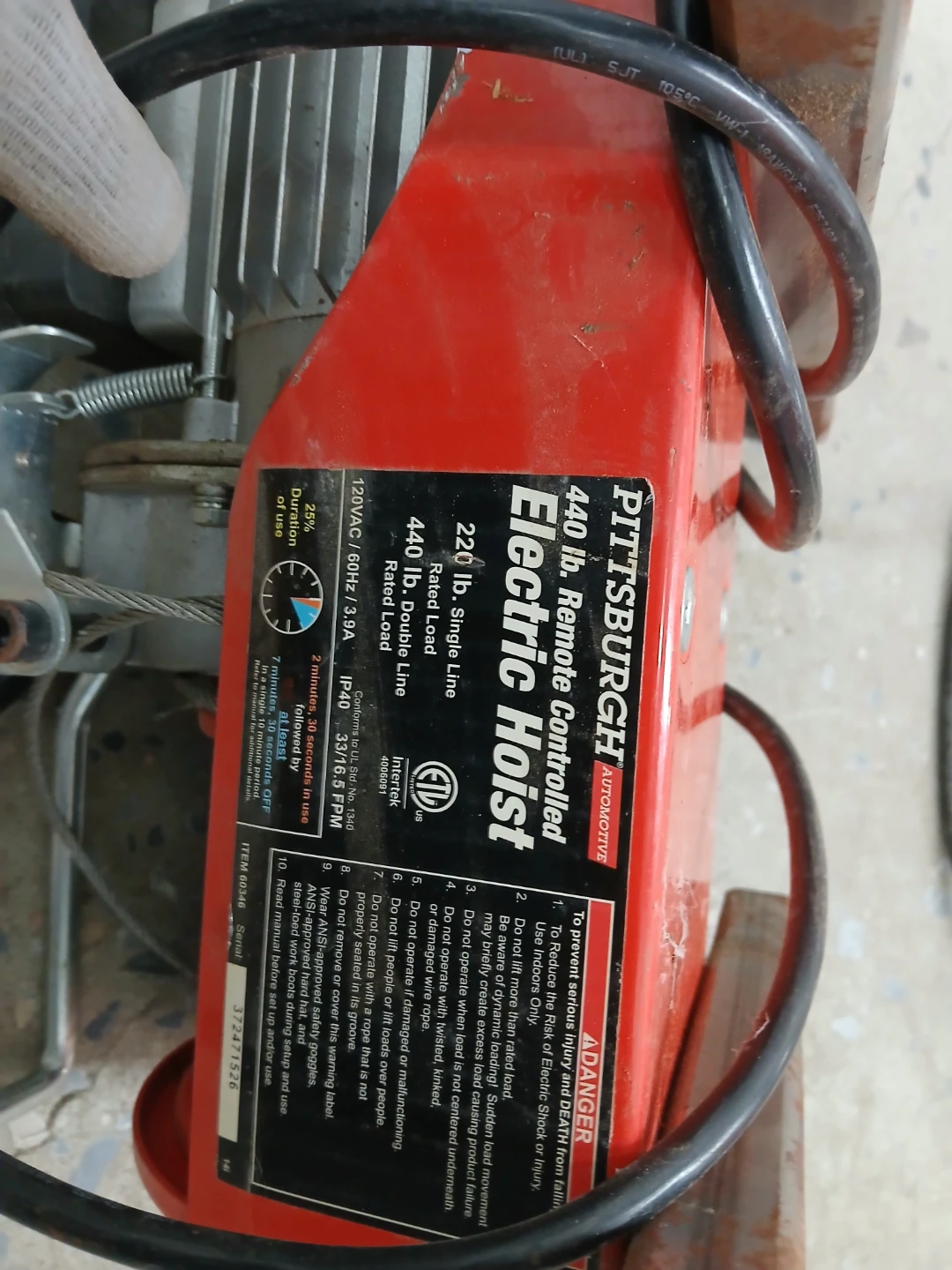 Pittsburgh 440 lb. Remote Controlled Electric Hoist - photo 5