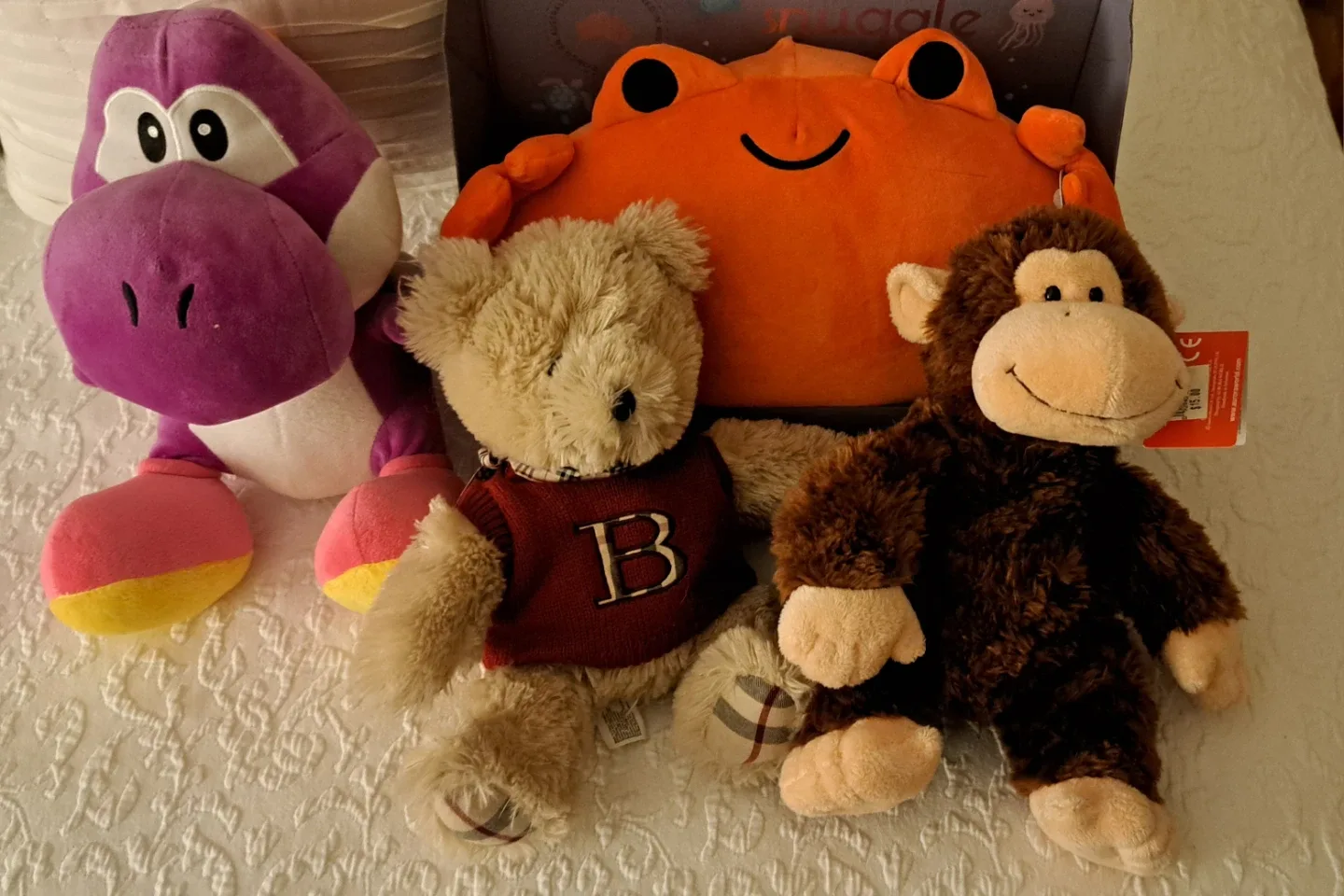 Plush Toys: Yoshi, Burberry Bear, Monkey, Crab