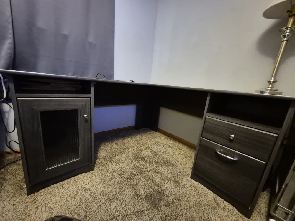 L-Shaped Gray Wooden Desk with Storage