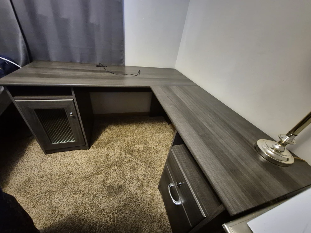 L-Shaped Gray Wooden Desk with Storage - photo 4