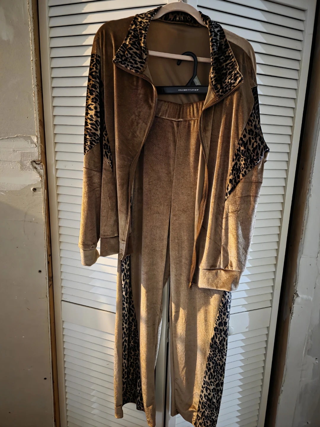 Brown Velour Track Suit with Leopard Print Detail