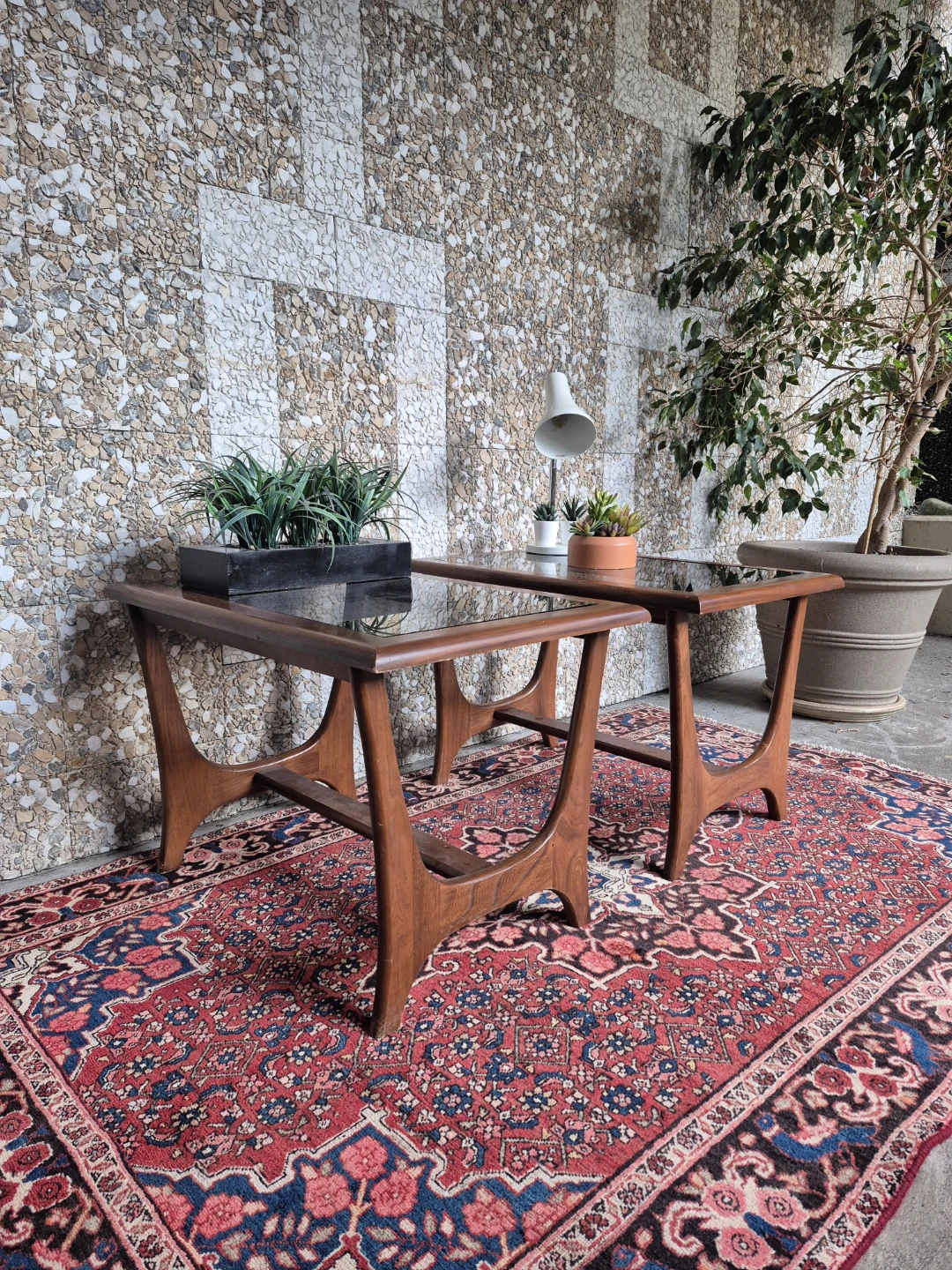 Mid Century Modern Walnut Side Tables with Glass Tops