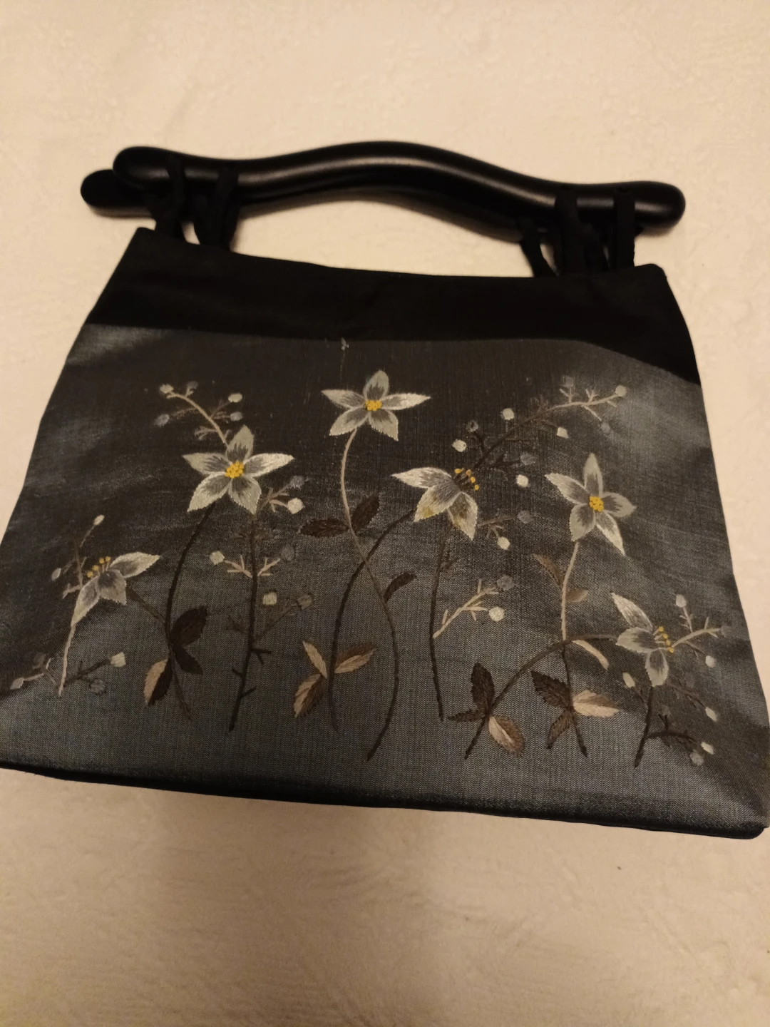 Elegant embroidered silk purse with Black Handles