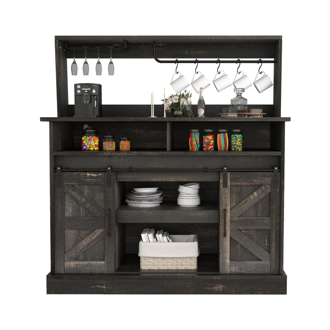 Rustic Black Bar Cabinet with Sliding Doors